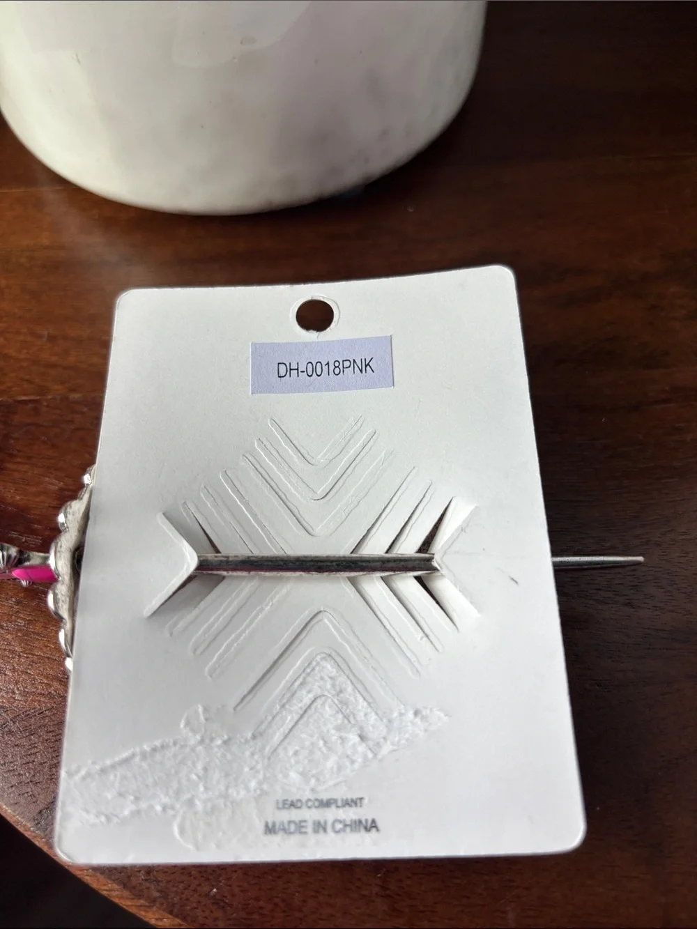 Hair slide w/stick,silver tone with pink stones